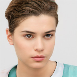 Neutral white young-adult female with short  brown hair and brown eyes