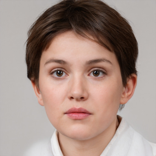 Neutral white young-adult female with short  brown hair and brown eyes