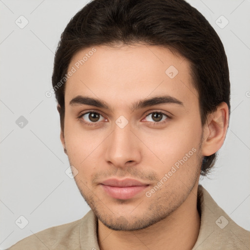 Neutral white young-adult male with short  brown hair and brown eyes