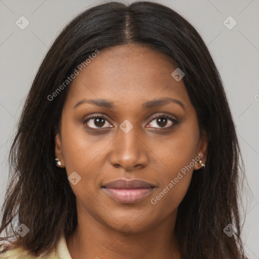 Joyful black young-adult female with long  brown hair and brown eyes