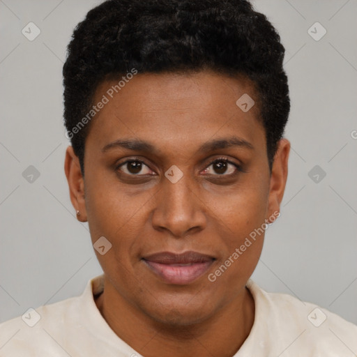 Joyful black young-adult female with short  black hair and brown eyes