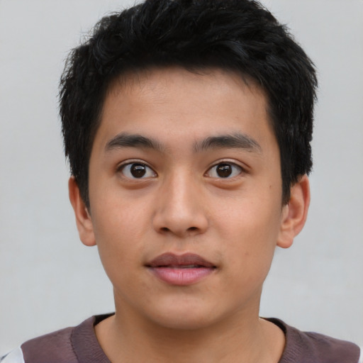 Neutral asian young-adult male with short  brown hair and brown eyes