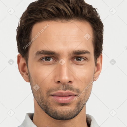 Neutral white young-adult male with short  brown hair and brown eyes