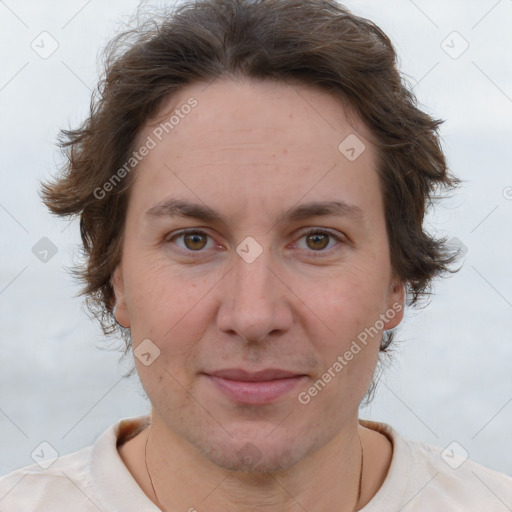 Joyful white adult female with short  brown hair and brown eyes