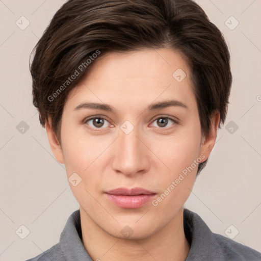 Neutral white young-adult female with short  brown hair and brown eyes