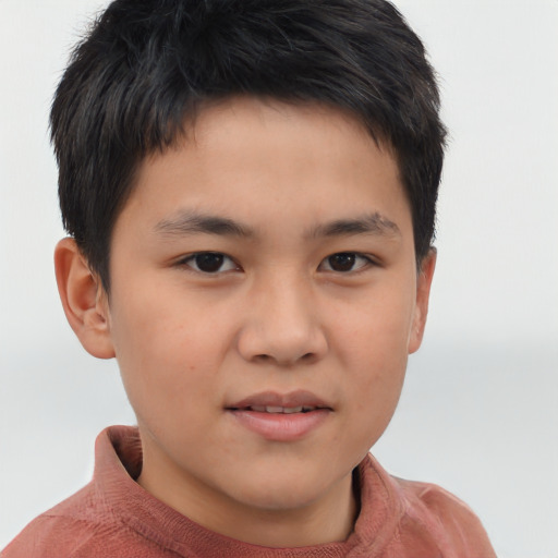 Joyful asian child male with short  brown hair and brown eyes