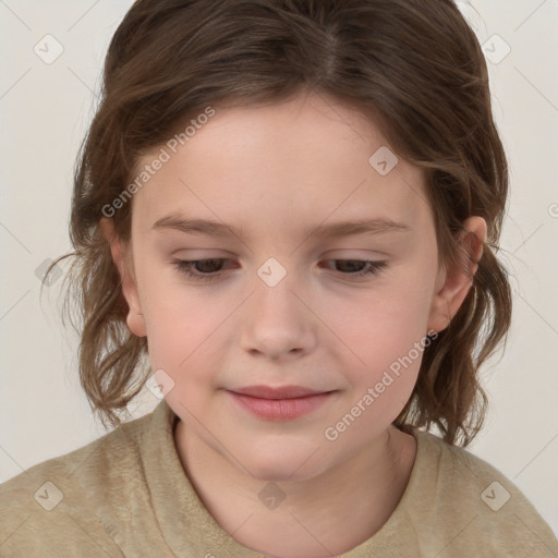 Joyful white child female with medium  brown hair and brown eyes