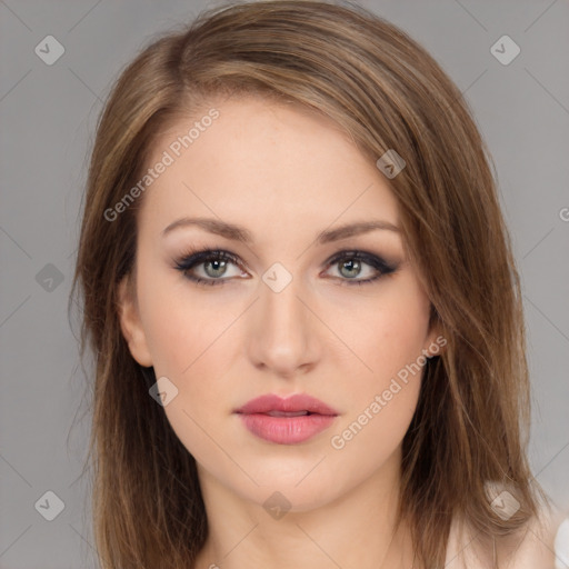 Neutral white young-adult female with long  brown hair and brown eyes