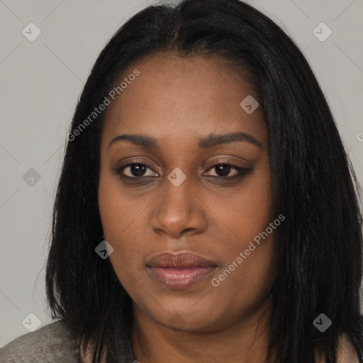 Joyful asian young-adult female with long  brown hair and brown eyes