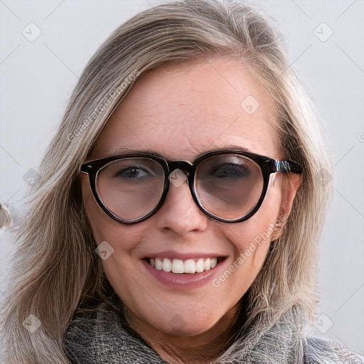 Joyful white adult female with medium  brown hair and blue eyes