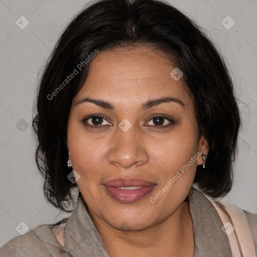 Joyful black adult female with medium  brown hair and brown eyes