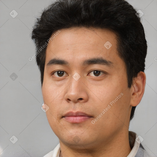 Neutral asian young-adult male with short  black hair and brown eyes