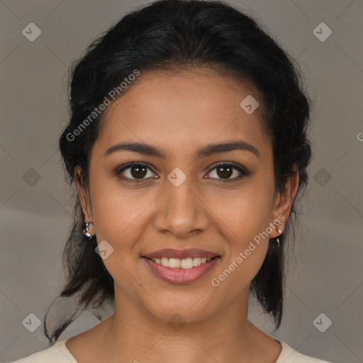 Joyful latino young-adult female with medium  brown hair and brown eyes