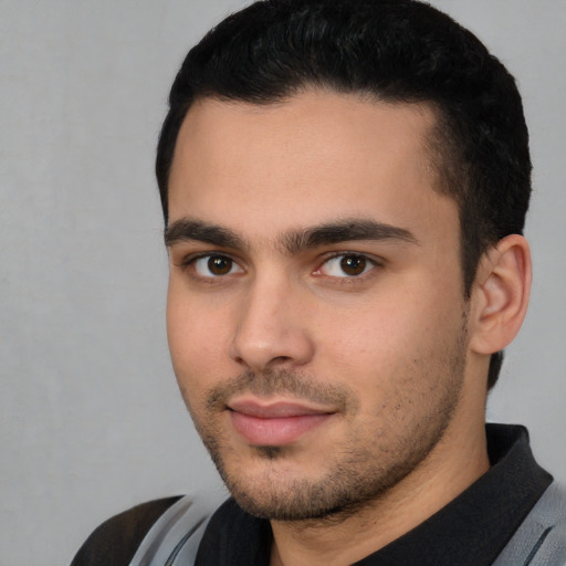 Neutral white young-adult male with short  black hair and brown eyes