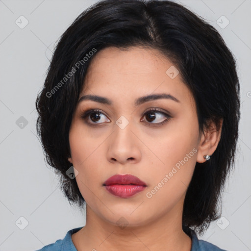 Neutral asian young-adult female with medium  black hair and brown eyes