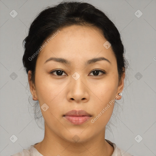 Neutral asian young-adult female with short  black hair and brown eyes