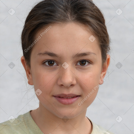 Joyful white child female with short  brown hair and brown eyes