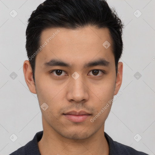 Neutral asian young-adult male with short  black hair and brown eyes