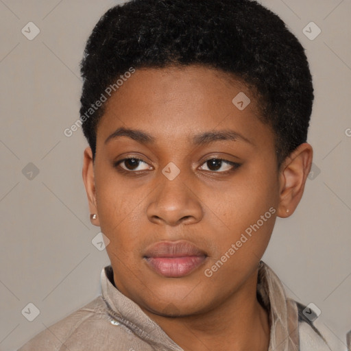 Neutral black young-adult female with short  black hair and brown eyes