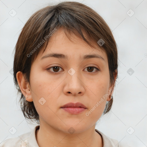 Neutral white young-adult female with medium  brown hair and brown eyes