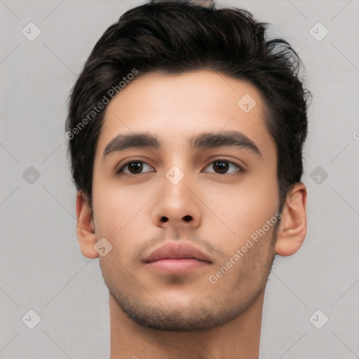 Neutral asian young-adult male with short  black hair and brown eyes