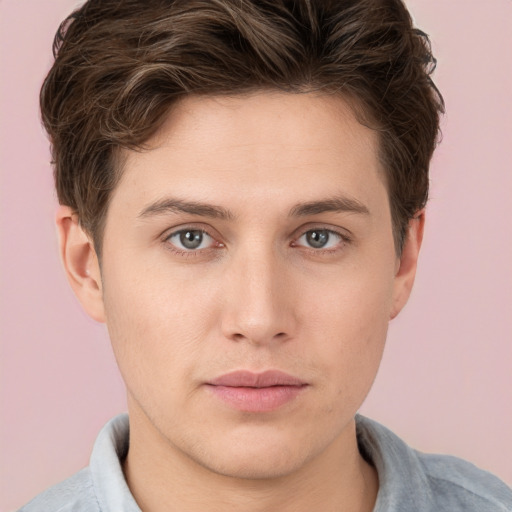 Neutral white young-adult male with short  brown hair and brown eyes