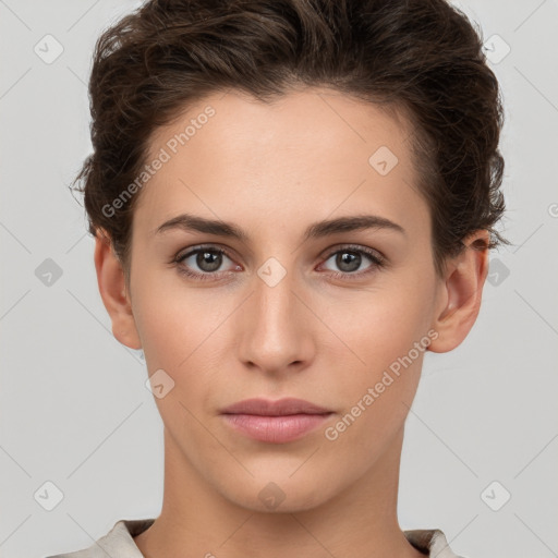 Neutral white young-adult female with short  brown hair and brown eyes