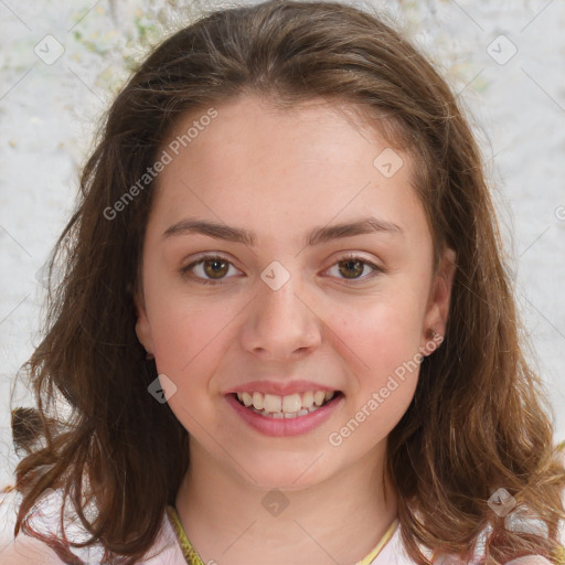 Joyful white child female with medium  brown hair and brown eyes