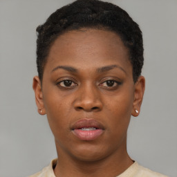 Neutral black young-adult female with short  black hair and brown eyes