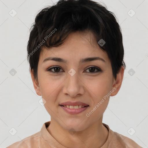 Joyful white young-adult female with short  brown hair and brown eyes