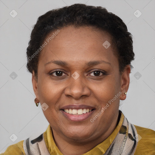 Joyful latino adult female with short  brown hair and brown eyes