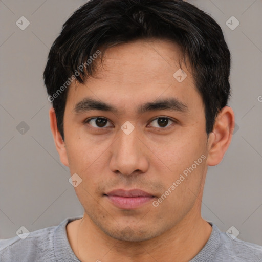 Neutral asian young-adult male with short  brown hair and brown eyes