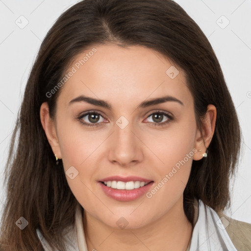 Joyful white young-adult female with medium  brown hair and brown eyes