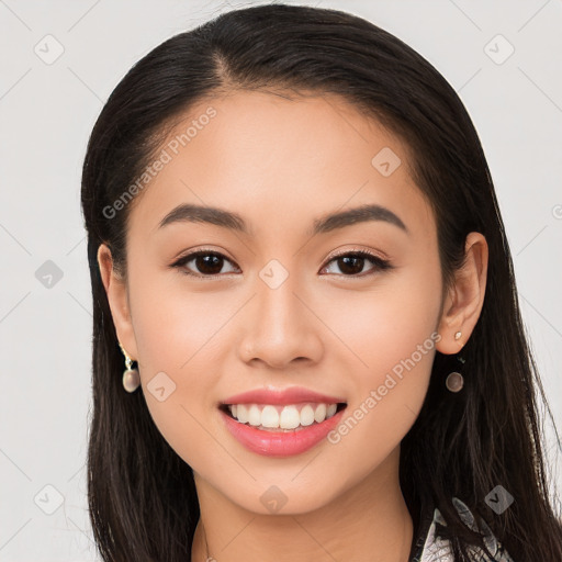 Joyful white young-adult female with long  brown hair and brown eyes