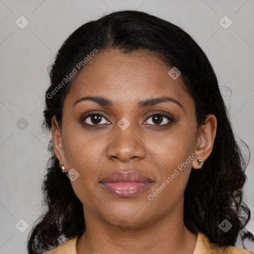 Joyful black young-adult female with medium  black hair and brown eyes