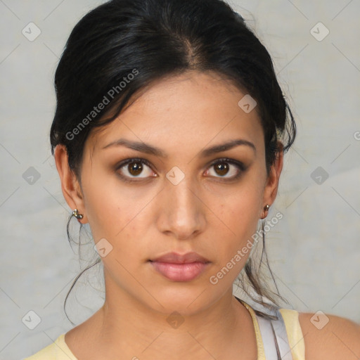 Neutral white young-adult female with medium  brown hair and brown eyes