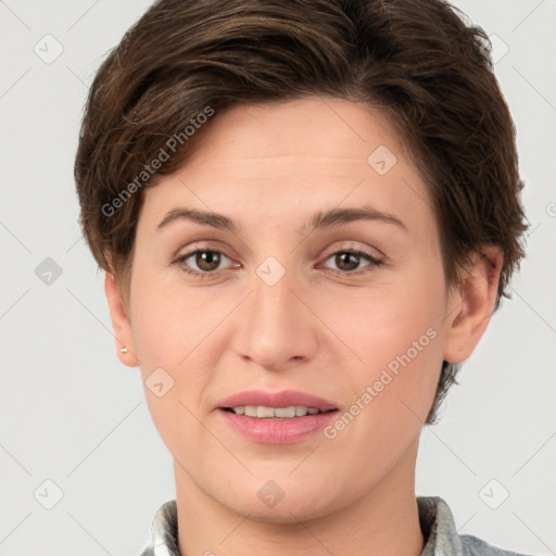 Joyful white young-adult female with short  brown hair and brown eyes