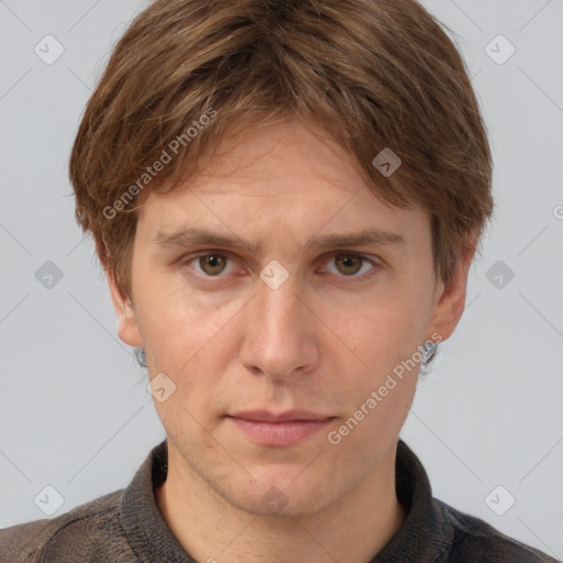 Neutral white adult male with short  brown hair and grey eyes