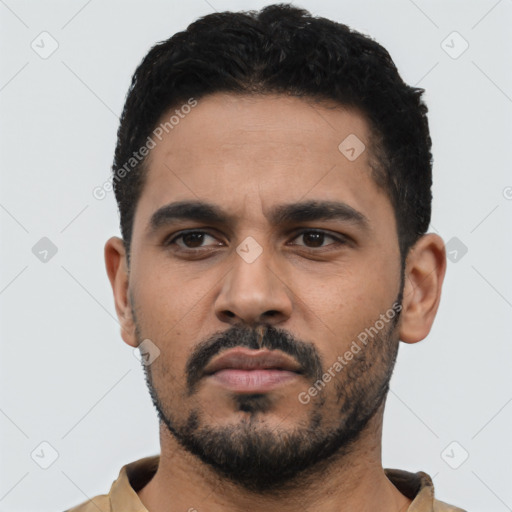 Neutral latino young-adult male with short  black hair and brown eyes