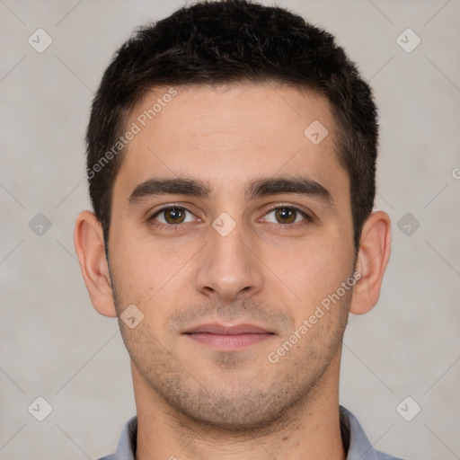 Neutral white young-adult male with short  brown hair and brown eyes