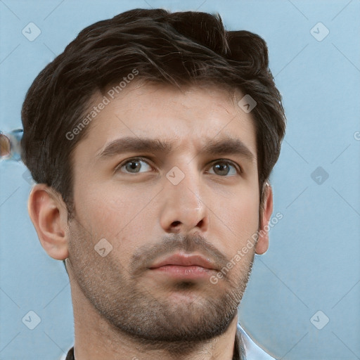 Neutral white young-adult male with short  brown hair and grey eyes