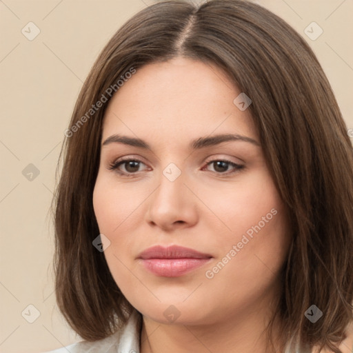 Neutral white young-adult female with medium  brown hair and brown eyes