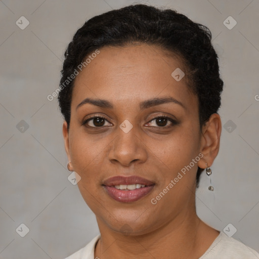 Joyful latino young-adult female with short  brown hair and brown eyes