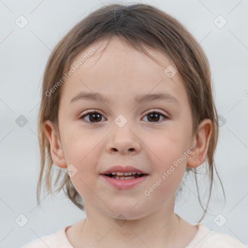 Joyful white child female with medium  brown hair and brown eyes