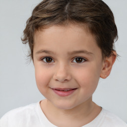 Joyful white child female with short  brown hair and brown eyes