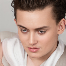 Neutral white young-adult female with short  brown hair and brown eyes