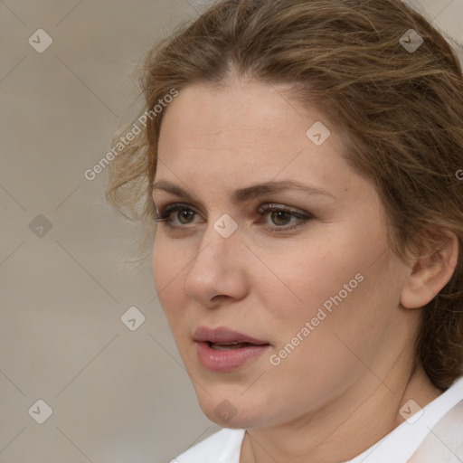 Neutral white young-adult female with medium  brown hair and brown eyes