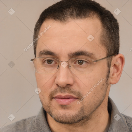 Neutral white adult male with short  brown hair and brown eyes