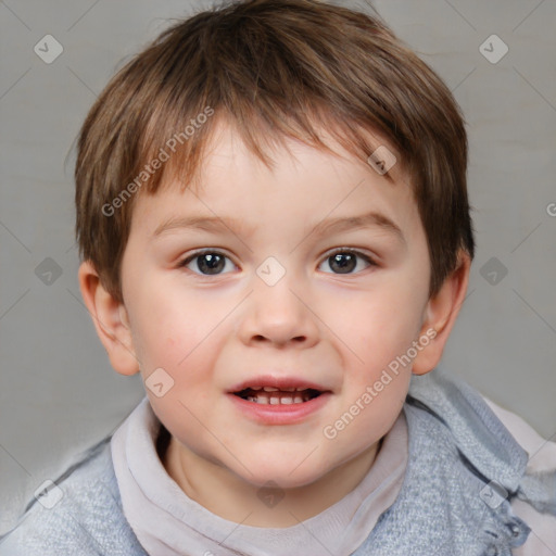 Joyful white child male with short  brown hair and brown eyes