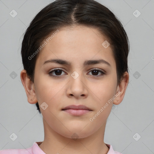 Neutral white young-adult female with short  brown hair and brown eyes